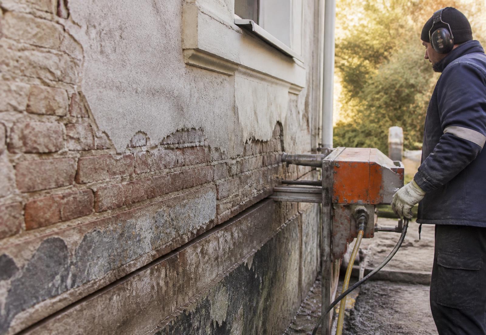 Falátvágás láncfűrészes falvágó géppel egy vizes, salétromos téglafalon